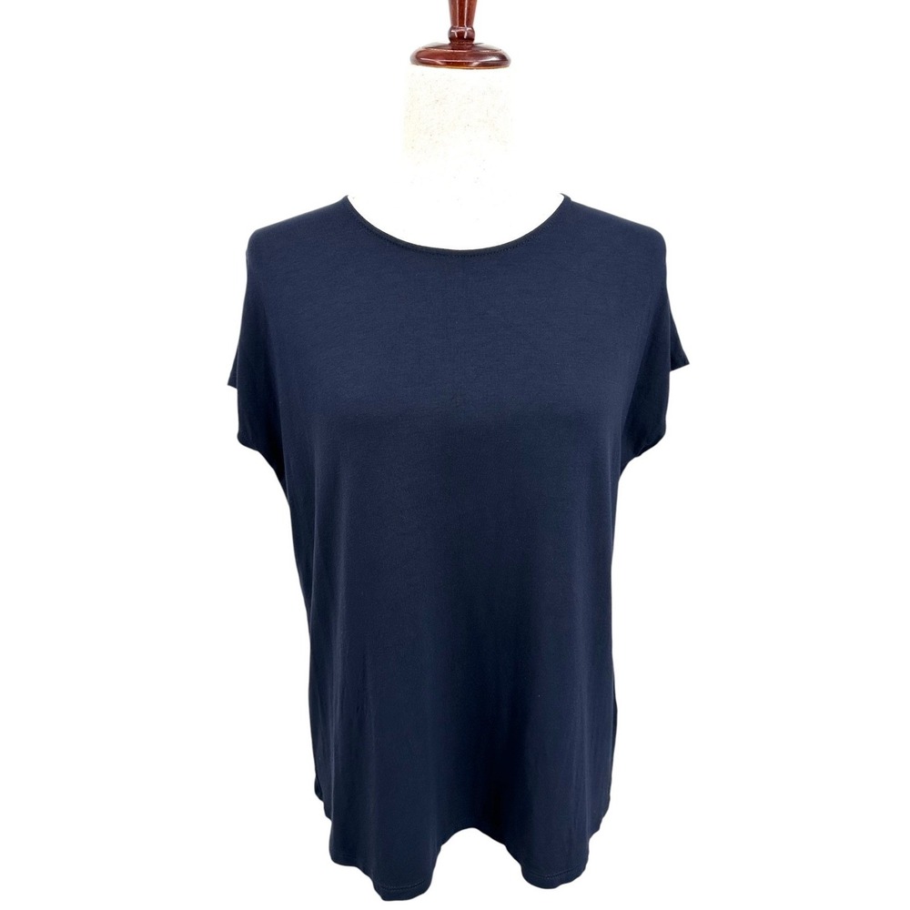 J. Jill Wearever Jersey Top Navy Blue Short Sleeve White Neck Trim Small Petite